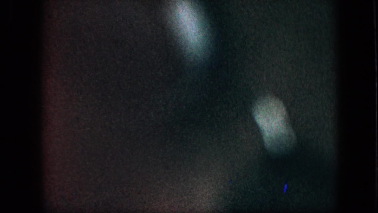 Grainy dark frame with a pale vertical flare and small blue speck.
