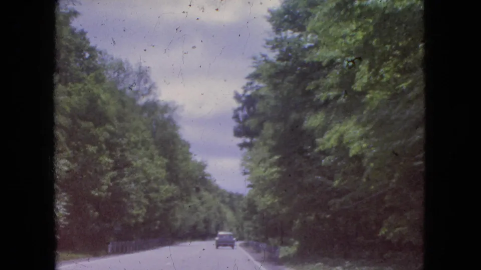 1964 8mm home-movie frame from the Niagara Falls, New York area showing a two-lane wooded road filmed through a vehicle windshield, with one car traveling ahead.