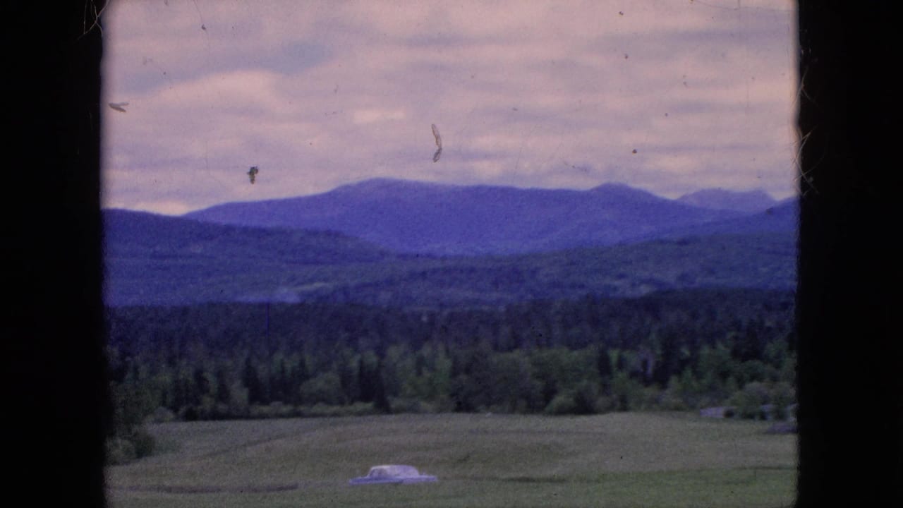 1964 8mm home-movie frame showing a pale classic car in a field, with dark window edges, tree-covered hills, and distant mountains under a cloudy sky.