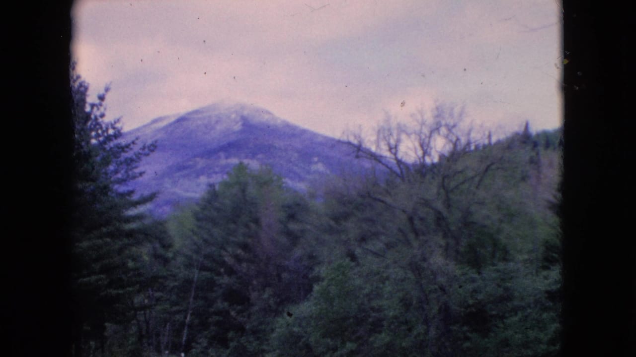 1964 8mm home-movie frame showing a snow-capped mountain or high hill seen through a forest, with dark gate borders and faded color.