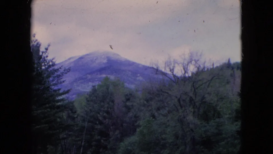 A distant snowy mountain or high hill appears above dense trees in a faded 1964 8mm frame, with cloudy sky and visible film wear.