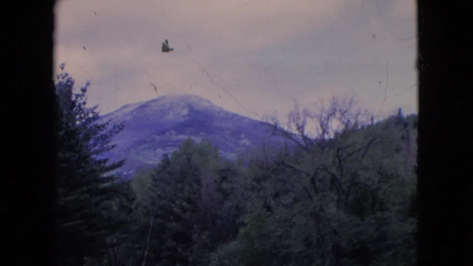 Final 1964 8mm frame showing the snow-dusted peak beyond dark trees, with overcast sky, grain, scratches, and gate borders.