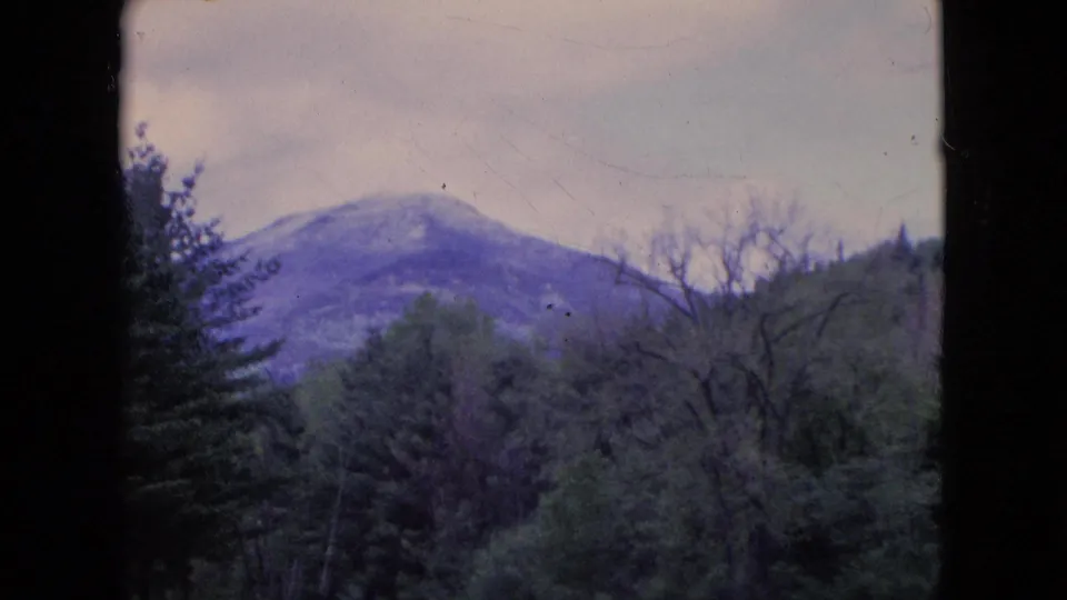 Distant snow-capped high hill seen through a dark frame, with dense trees in the foreground and a cloudy sky above.