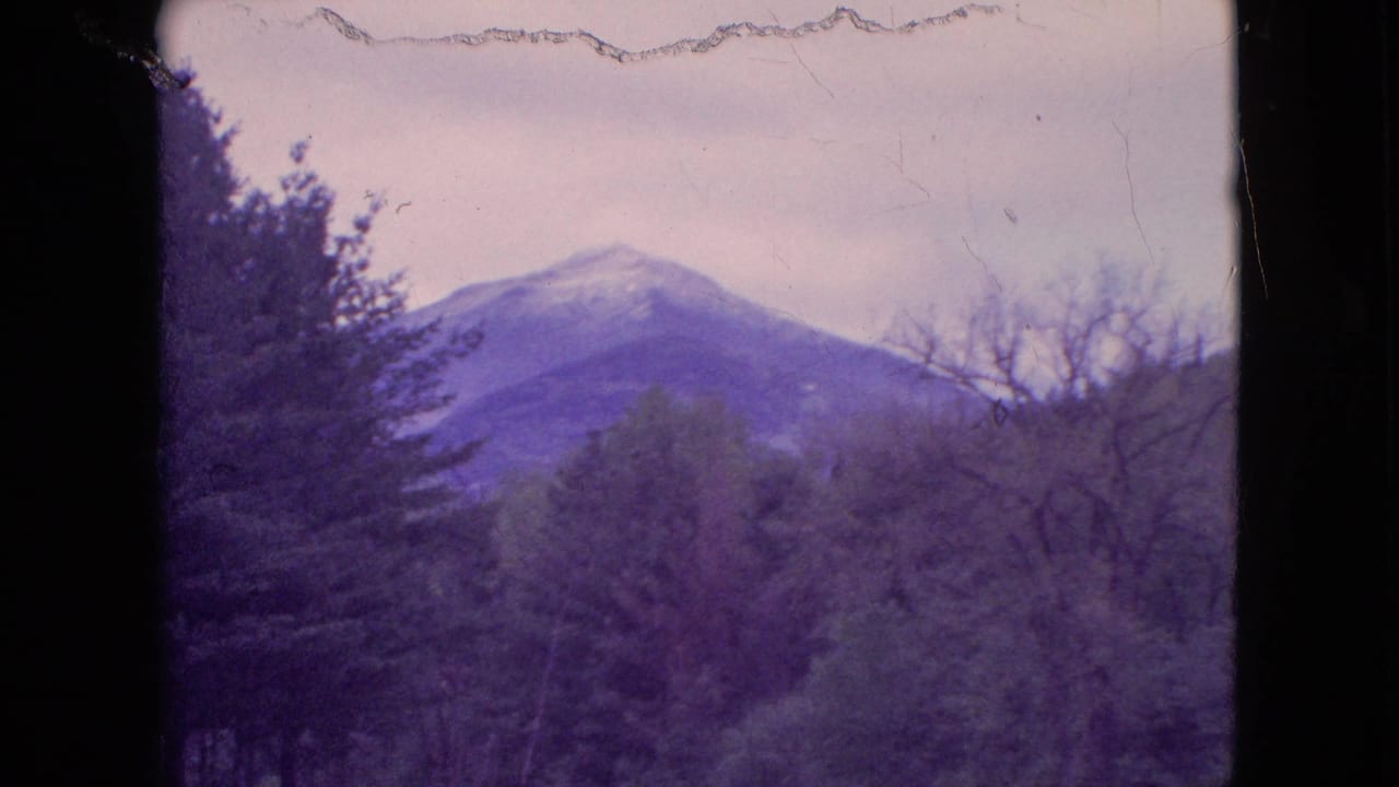 1964 8mm home-movie frame showing a distant snow-touched mountain ridge beyond wooded foreground trees, with dark window or film-frame edges visible at the sides.