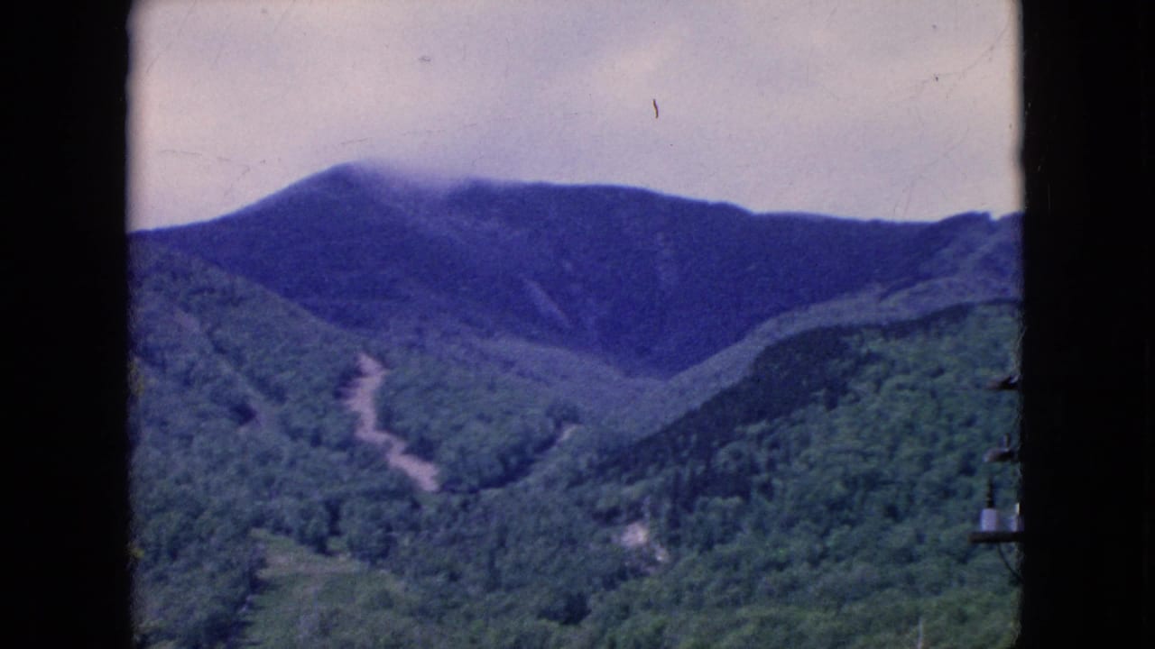 1964 8mm home-movie frame of a wooded mountain landscape, with a muted sky above the ridge and a pale path or clearing visible through the valley.
