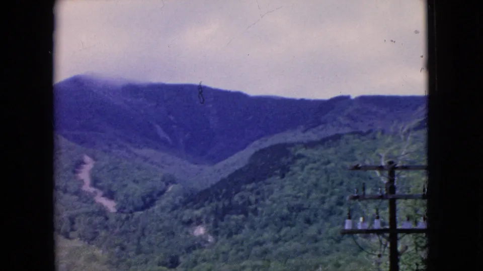 1964 8mm home-movie frame of a forested mountain view in the United States, with a dark utility pole and insulators visible in the foreground at the right edge.