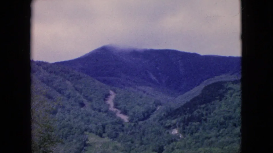 1964 United States home-movie frame showing a blue-green, soft-focus mountain landscape with dense trees, a winding pale road or clearing in the valley, and the edge of a dark window-like frame.