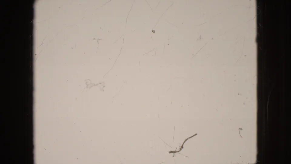 A faded 8mm frame is nearly blank, with visible scratches, dust, a dark vertical border, and a small curved mark near the lower area.