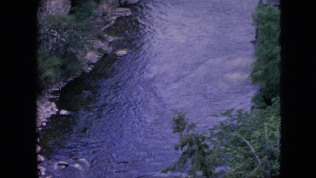 River water flowing downstream between rocks and trees with a dark vertical band at the left.