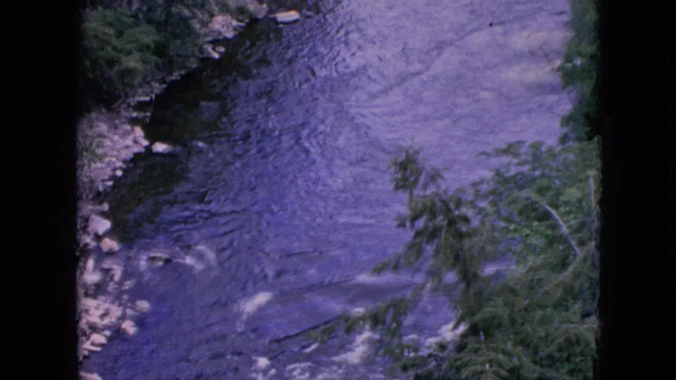 Elevated 8mm frame of swift water in the Niagara Falls area, with a rocky left bank and trees overhanging the river channel.