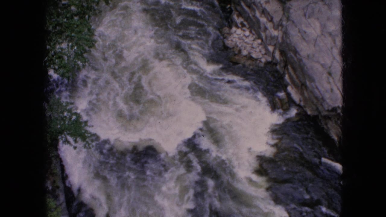 Overhead view of turbulent river water beside rock and green foliage.