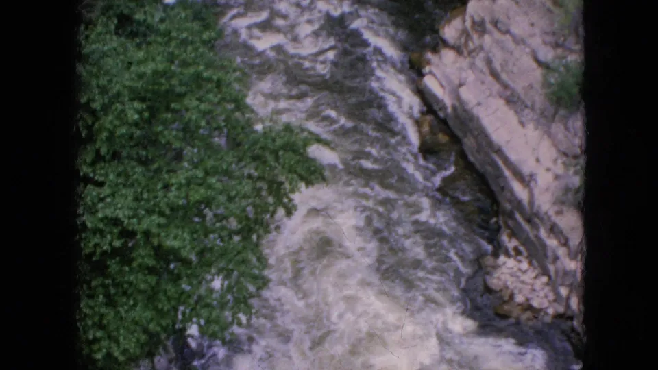 Elevated 1964 Niagara Falls-area view of rushing river water moving between a green tree line and pale layered rock formations.