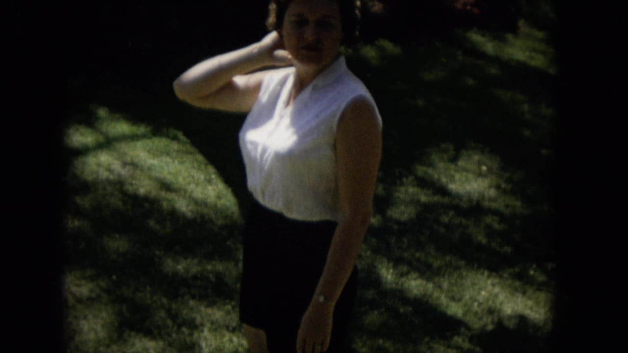 The woman remains posed outdoors in the 1965 Hawaii home-movie scene, partly obscured by shadow and soft focus as sunlight falls across the grass behind her.