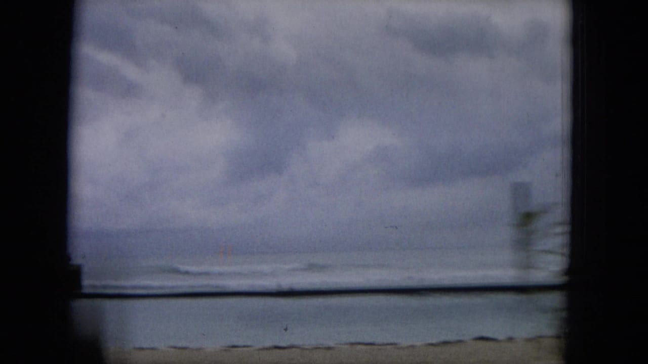 1965 Hawaii home-movie frame showing a cloudy coastal view through a car window, with ocean surf, sandy beach, and palm trunks passing in the foreground.