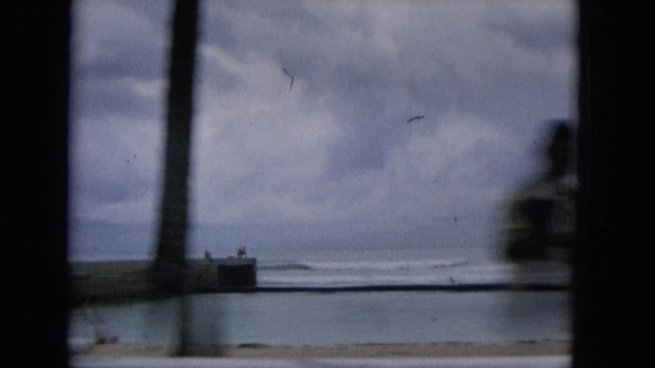1965 Hawaii coastal frame from a moving car, showing ocean surf, a low pier or seawall, cloudy sky, and a blurred person near the window edge.
