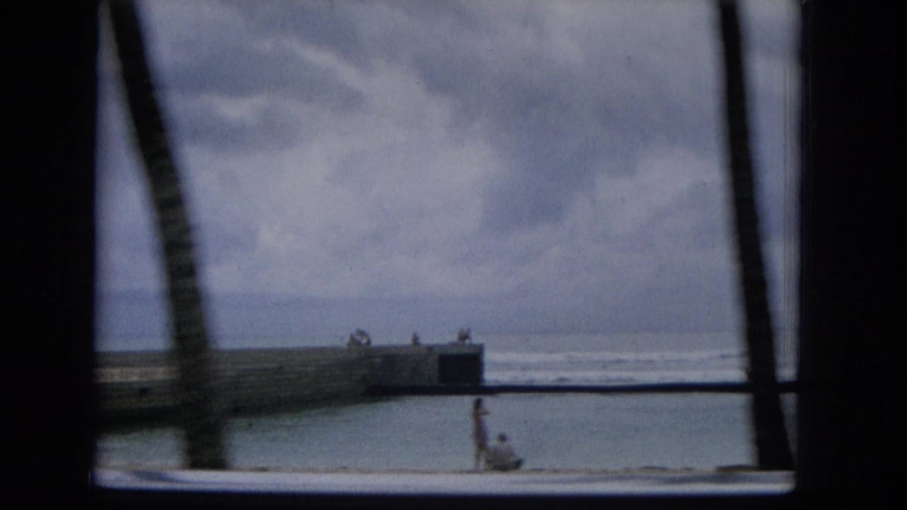 1965 Hawaii home-movie frame showing a beach, ocean surf, palm trunks, a low pier or seawall, and distant people along the shoreline from a moving vehicle.