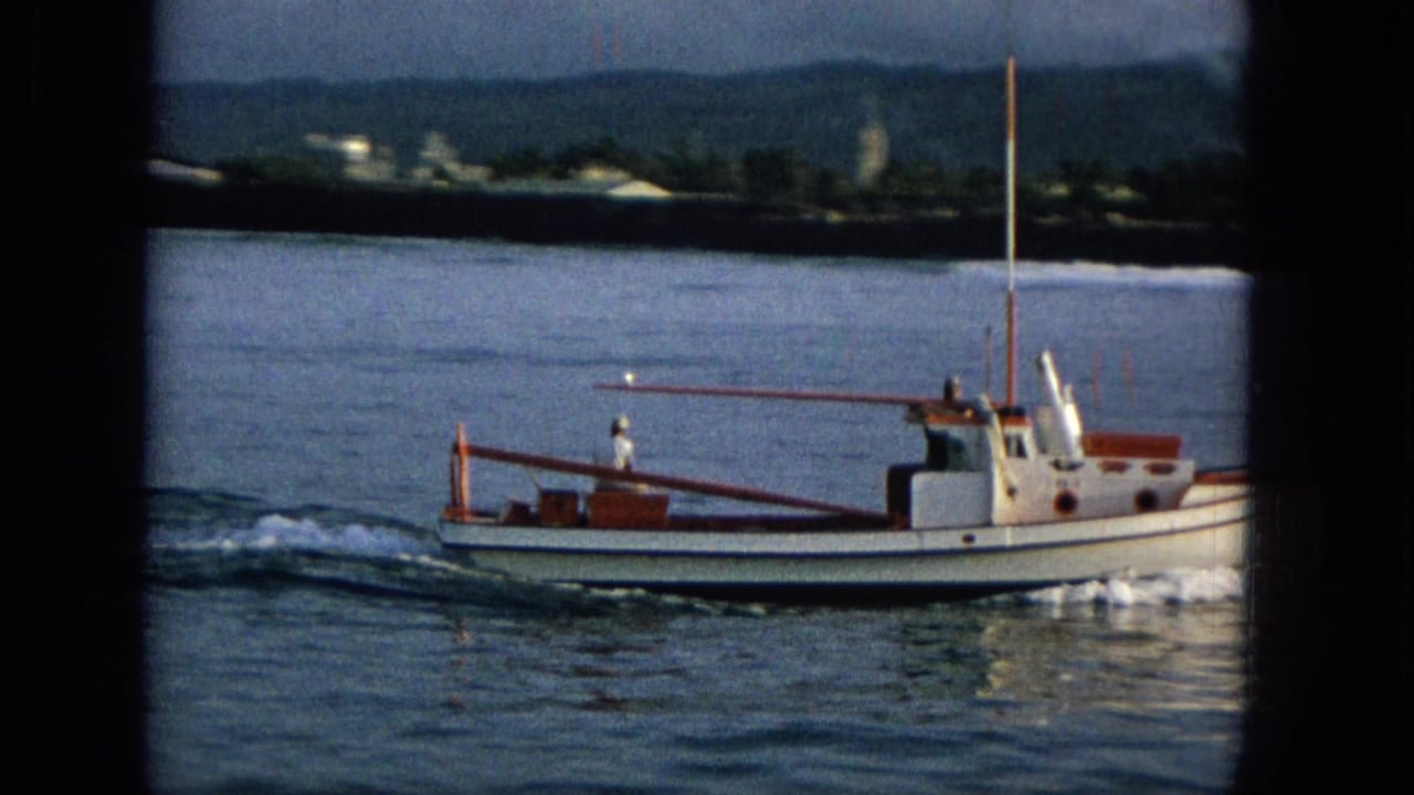 The white boat with red railings and a visible deck figure travels past calm water with a low coastal shoreline and hills behind it.