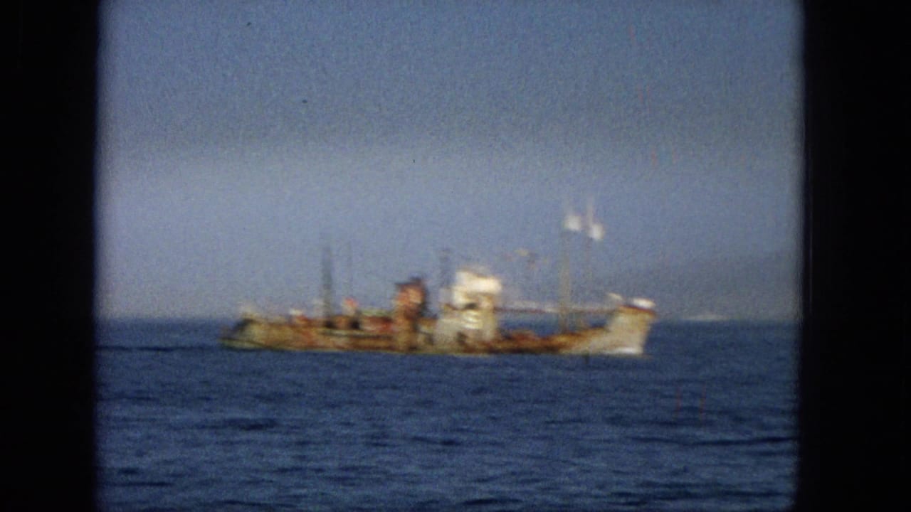 1965 Hawaii 8mm frame showing a rust-streaked ship offshore on blue water with a hazy horizon and pale sky.