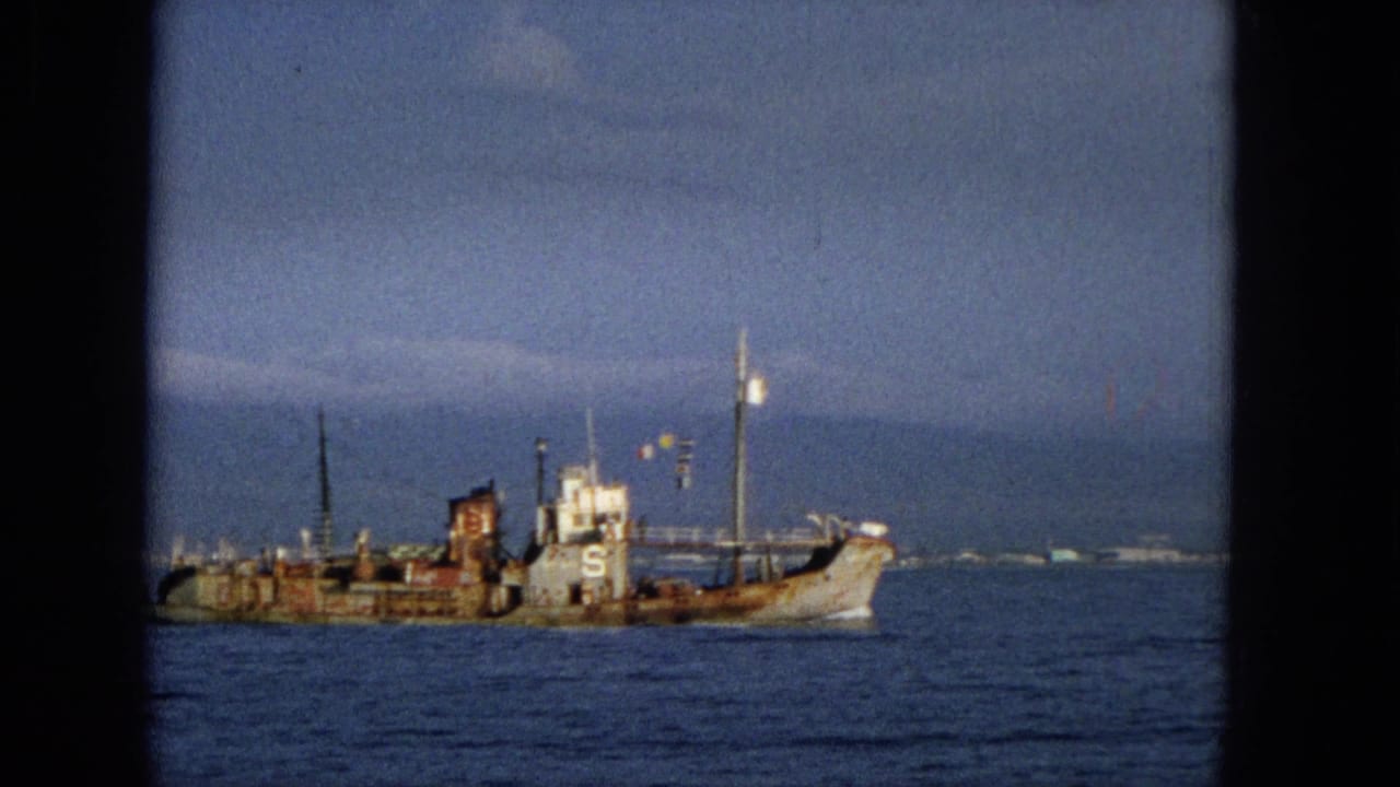 1965 Hawaii 8mm home-movie frame showing the weathered vessel marked 6 in open water, with distant landforms and film-frame borders visible.
