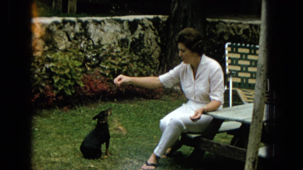 In 1965 home-movie footage from Hawaii, a woman in white sits in a garden yard and extends her hand toward a small black dog waiting on the grass.