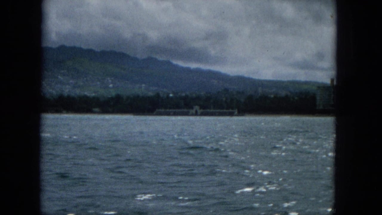 Ocean water in the foreground with a distant tree-lined coast and mountains beneath clouds.