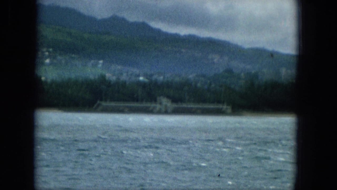 Waterfront shoreline with trees, a long low structure, and mountains in the background.