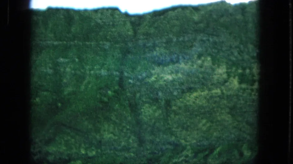 1965 Super 8 frame showing a soft, grainy view of green Molokai vegetation and sloping terrain through a window opening.