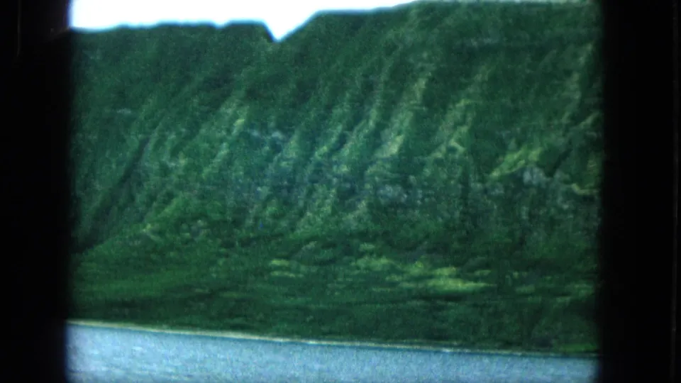 1965 Super 8 frame from Molokai, Hawaii, showing dense green vegetation on a cliff face with water across the lower foreground.