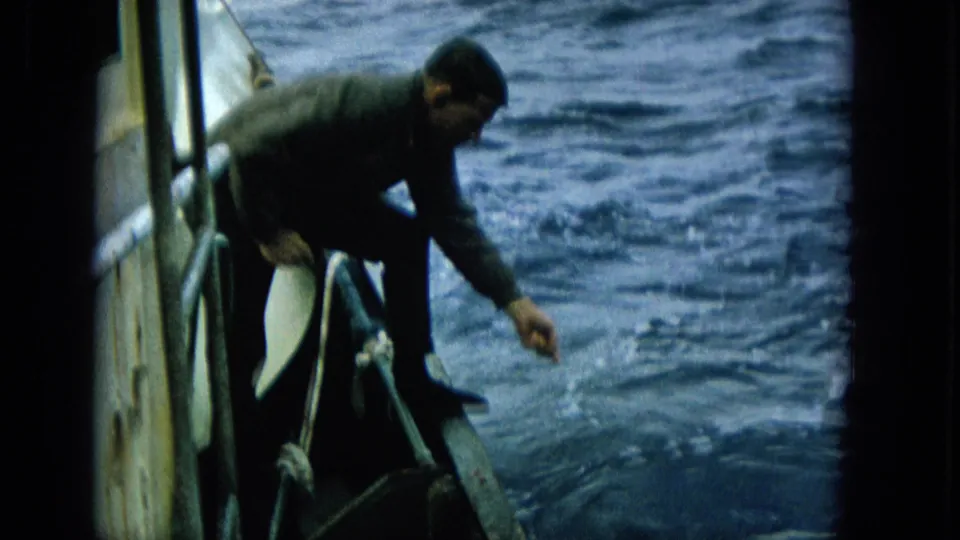 A man in dark clothing leans over the boat rail and reaches toward the choppy water, with the vessel side and rope visible in the foreground.