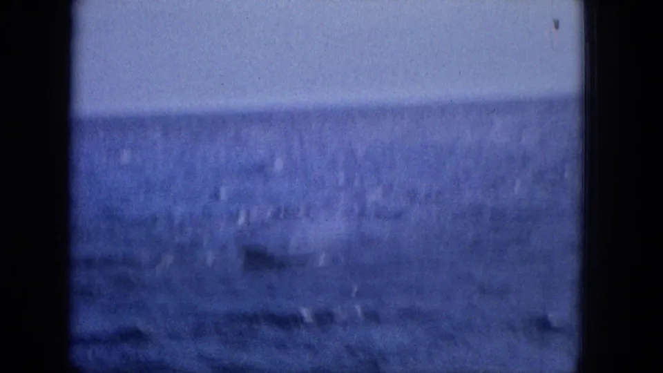 Soft, grainy 1965 home-movie frame looking across the sea, with the surface detail blurred and no people or vessels visible.
