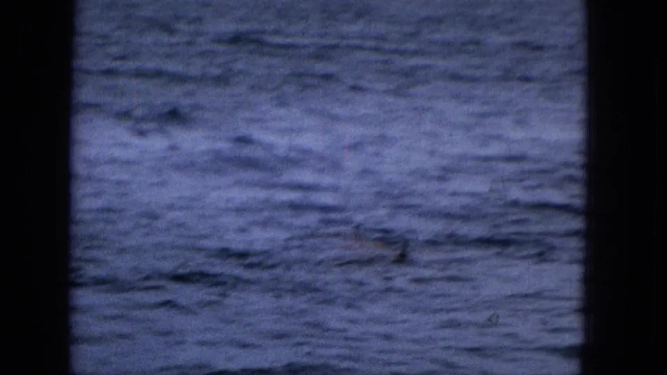 A handheld Super 8 view shows textured blue water below a dark horizontal structural edge, suggesting the camera remains aboard or behind part of the vessel.