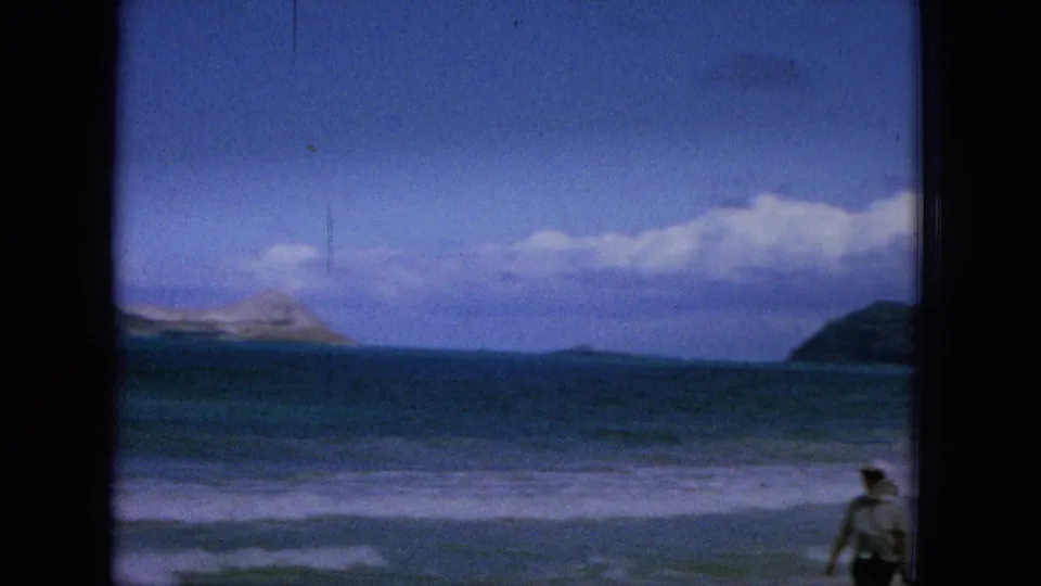 1965 Hawaiian coastal view with ocean waves, distant rocky landforms, blue sky, and a partially visible beachgoer at the right edge of the frame.