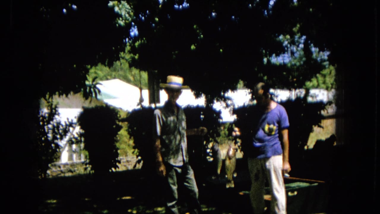 In a dark, sun-dappled garden frame, two adult men appear to converse, with leafy branches overhead and a white wall or building visible in the background.