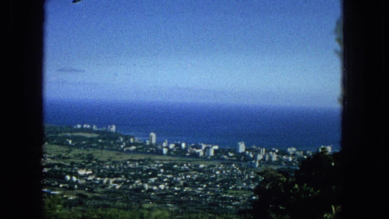 Wide coastal panorama with city buildings, ocean, and green hillside foreground.
