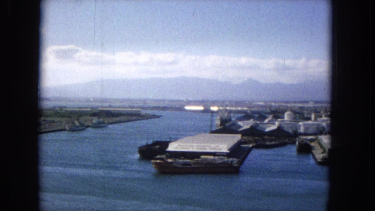 Aerial harbor view with docks, tanks, shoreline, open water, and mountains.