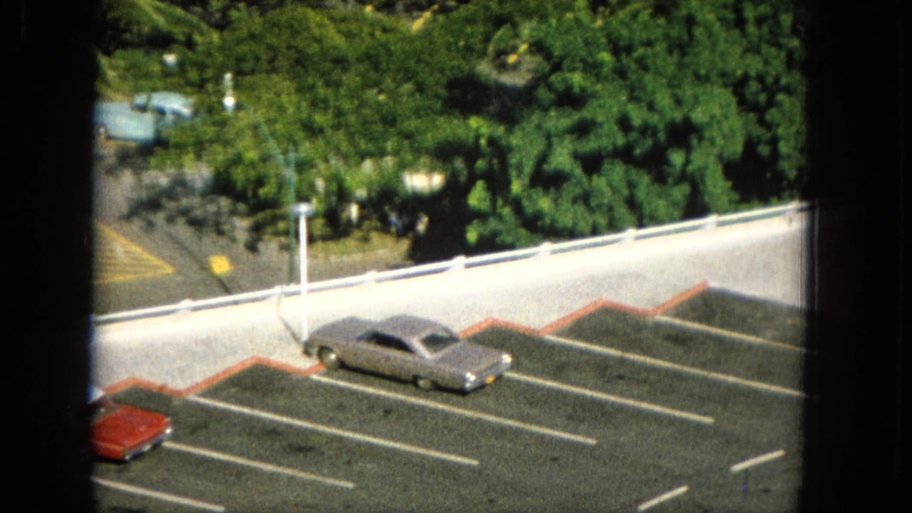 Gray sedan and red car in a parking lot bordered by railing and greenery.