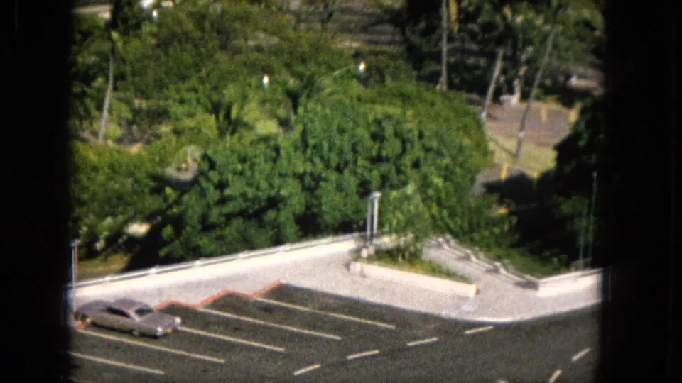 Final 1965 Molokai frame showing the gray sedan near the edge of a parking lot, with a white railing, walkway or driveway curve, and dense tropical trees behind it.