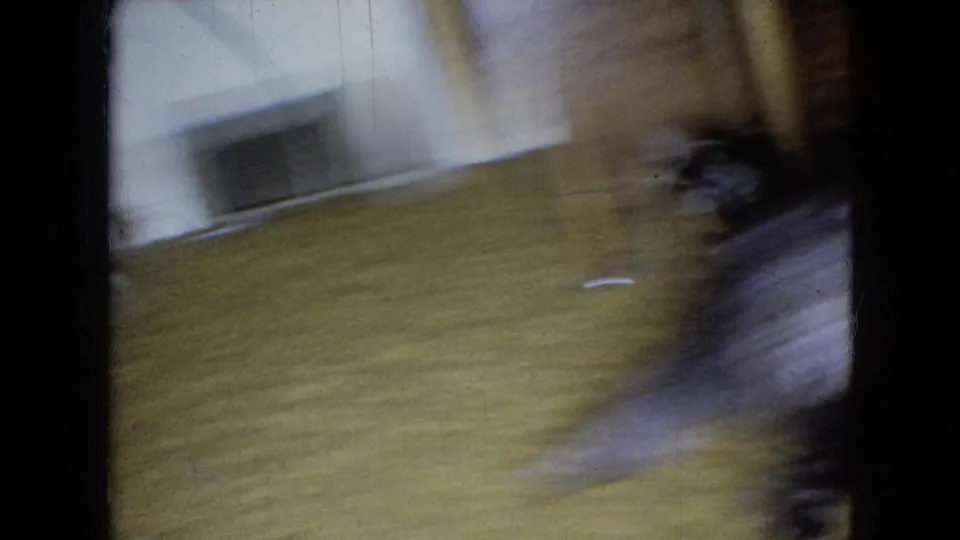 The gray poodle moves away quickly across the yellow-carpeted room, appearing blurred by motion in the 1965 home-movie frame.
