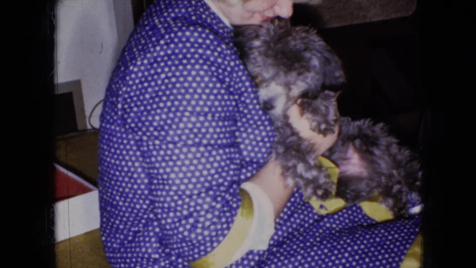 The woman remains seated indoors with the gray poodle held against her lap, shown in close 8mm framing consistent with the supplied 1965 Wellsburg, Iowa metadata.
