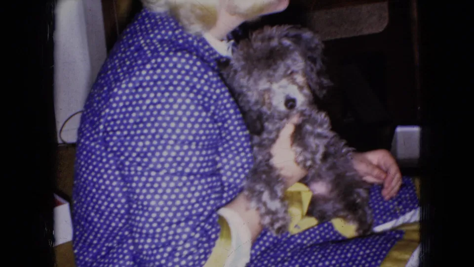 The poodle faces outward while resting against the woman's blue polka dot dress, with the scene framed tightly in warm, grainy 8mm home-movie color.