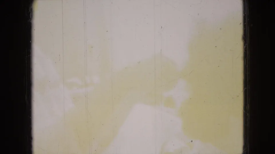 The frame is heavily overexposed but faintly retains the indoor grooming scene, with pale yellow-white light and 8mm scratches softening the visible figures.