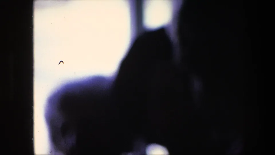 Soft, high-contrast 8mm frame showing a dark human-like silhouette beside bright window or doorway light, with details largely obscured.