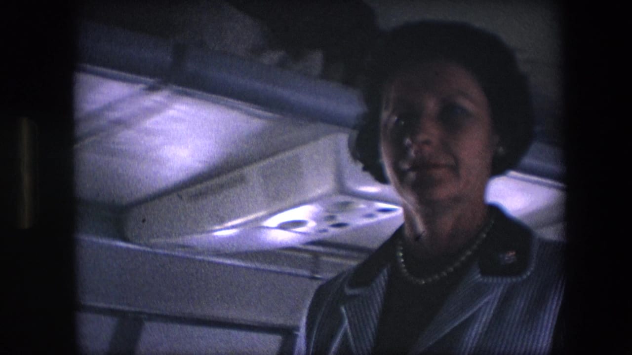 Close view of a flight attendant looking through the airplane cabin.