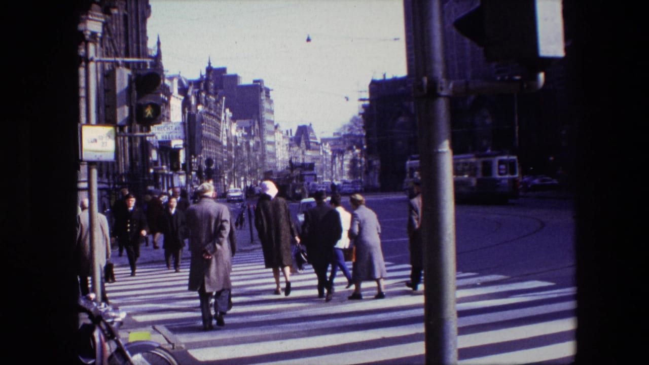 Cataloged Amsterdam 1967 street view showing pedestrians in coats crossing a zebra crossing beneath a walk signal, with bicycles, street poles, and distant buildings visible.