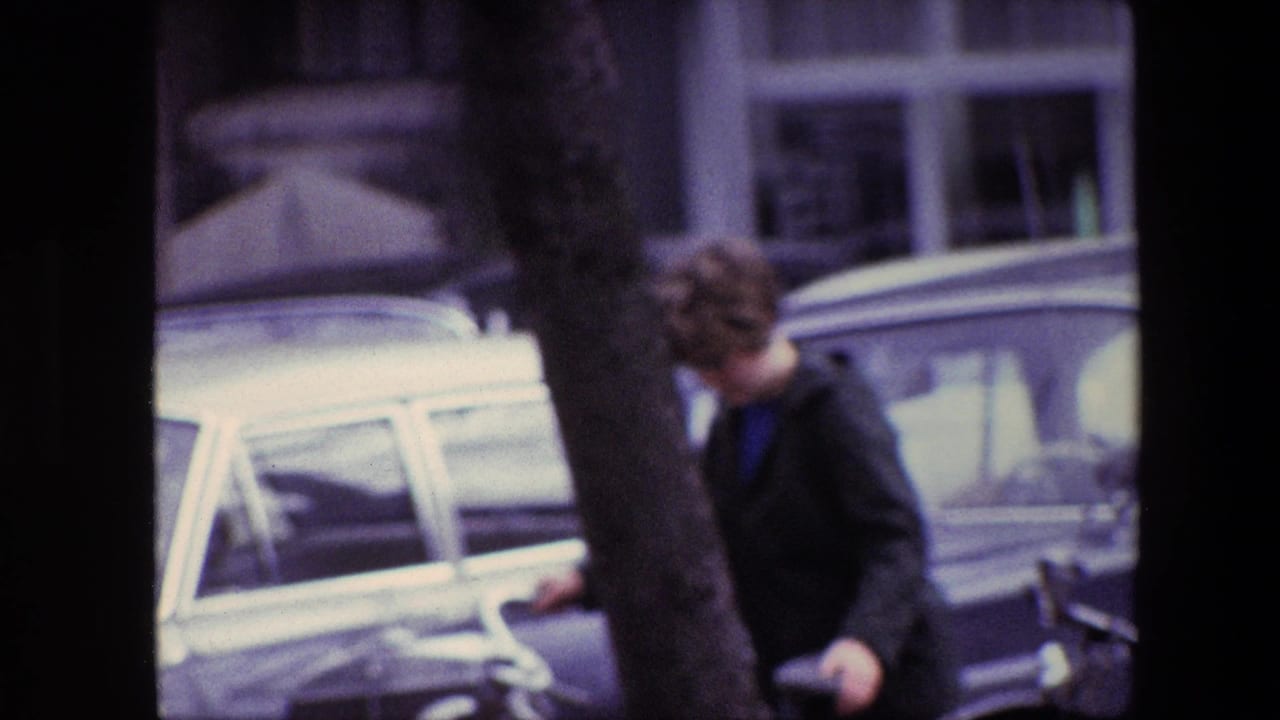 Soft 8mm frame from the supplied 1967 Amsterdam footage showing a person near a tree and parked cars at the edge of a city street.