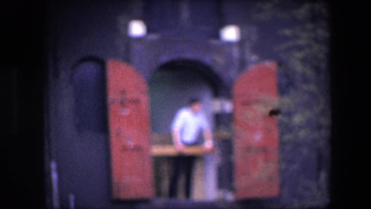 Soft 8mm 1967 Amsterdam close frame showing an adult man at a second-story opening between red shutters, with the dark facade and white window edge nearby.
