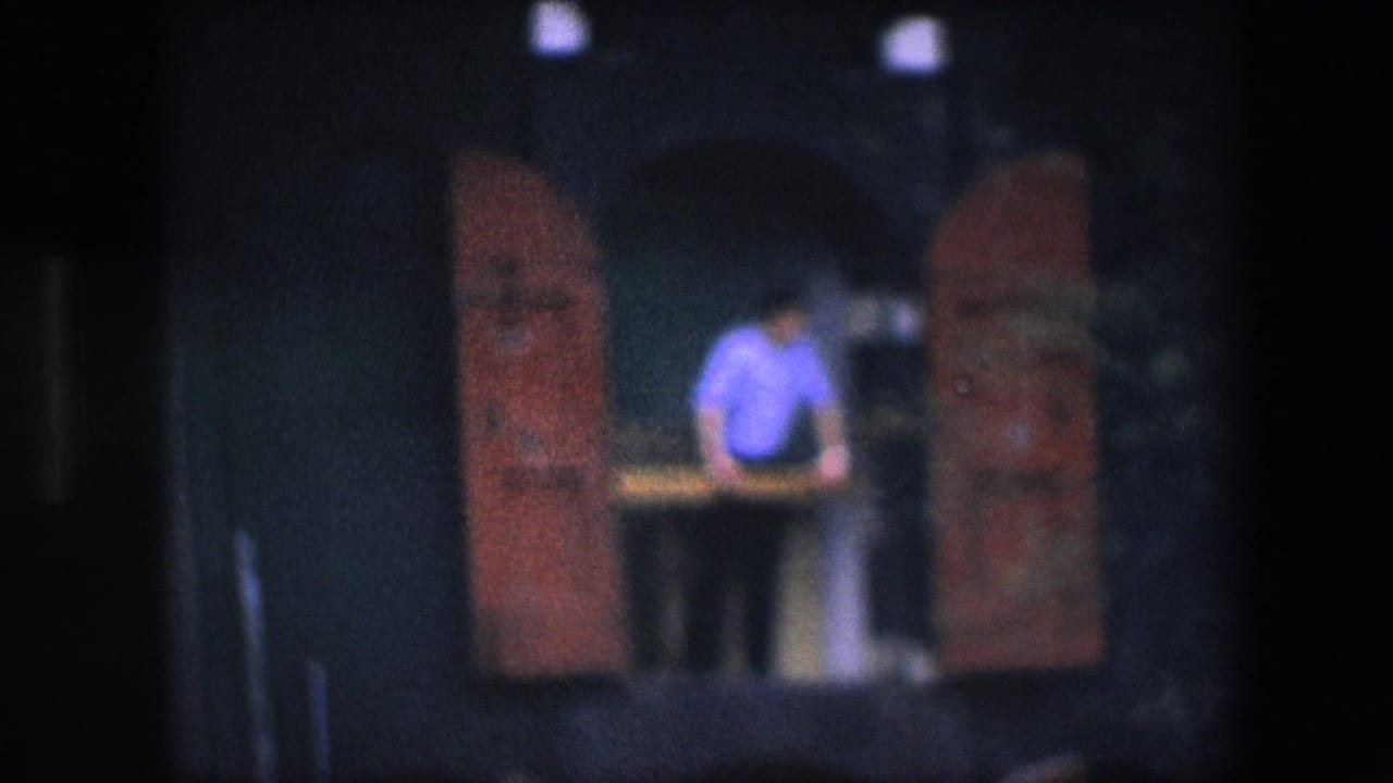 A softly focused 8mm frame shows a man in a light blue shirt inside or behind a counter, viewed through a darkened window with red shutters.