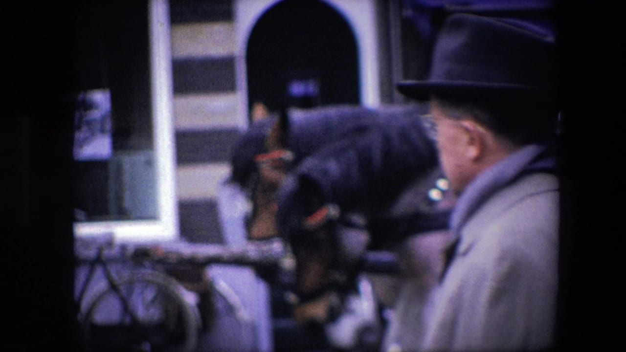 Foreground adult in a brimmed hat partly obscures a 1967 Amsterdam street scene with a harnessed horse, carriage equipment, bicycles, and storefront windows.