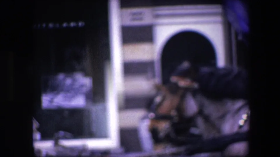 Blurred 8mm view of a harnessed horse standing near a striped building entrance and dark wall in the Amsterdam street scene.