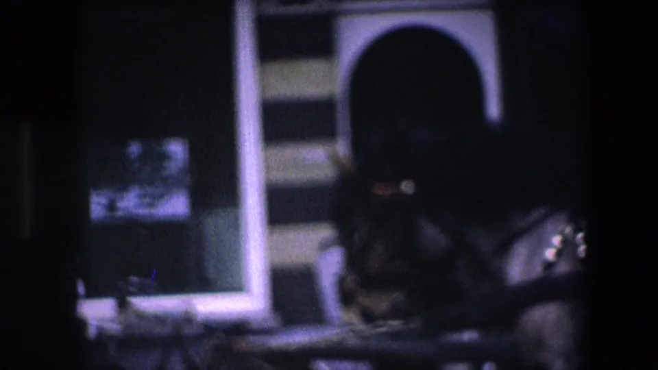 Out-of-focus home-movie frame showing the horse and harness near the striped facade and arched doorway, with dark street-side surroundings.